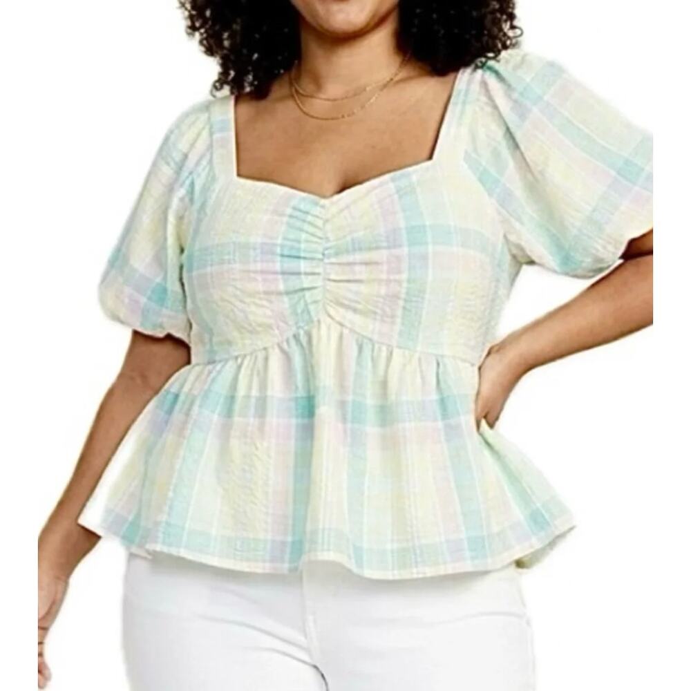 Old Navy Plaid Seersucker Babydoll Blouse Puff Sleeve Smocked Pastel Plus 2X
